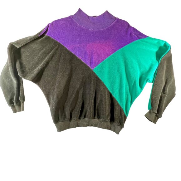 sk sport Tops - Vtg Velour Leisure Blouse Top Track Suit Colorblock Lg Black Purple Green USA